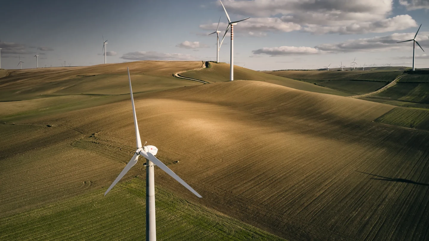 Wind farm with FX Series wind turbines in a rural area